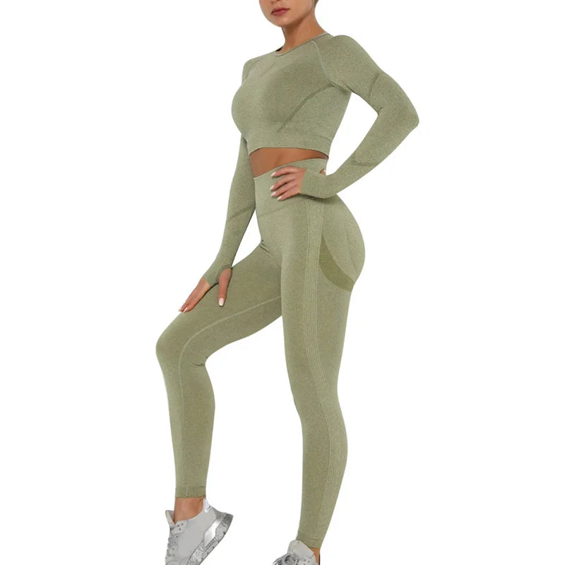 Seamless Women's Gym Set – Long Sleeve Top & High-Waist Leggings