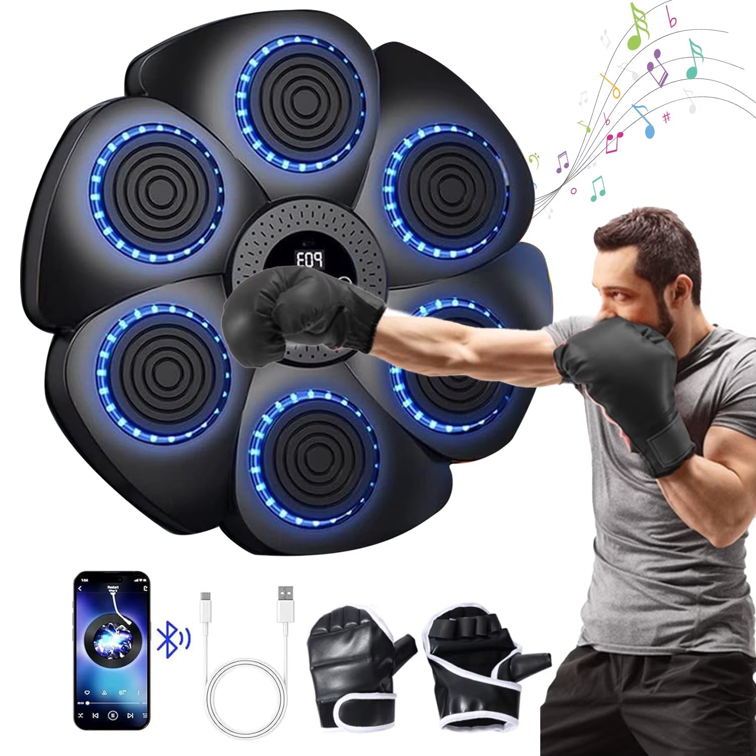 Bluetooth-Enabled Wall-Mounted Boxing Trainer with Gloves - Interactive Punching Game for Adults and Children