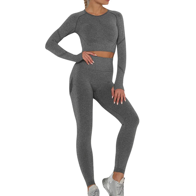 Seamless Women's Gym Set – Long Sleeve Top & High-Waist Leggings